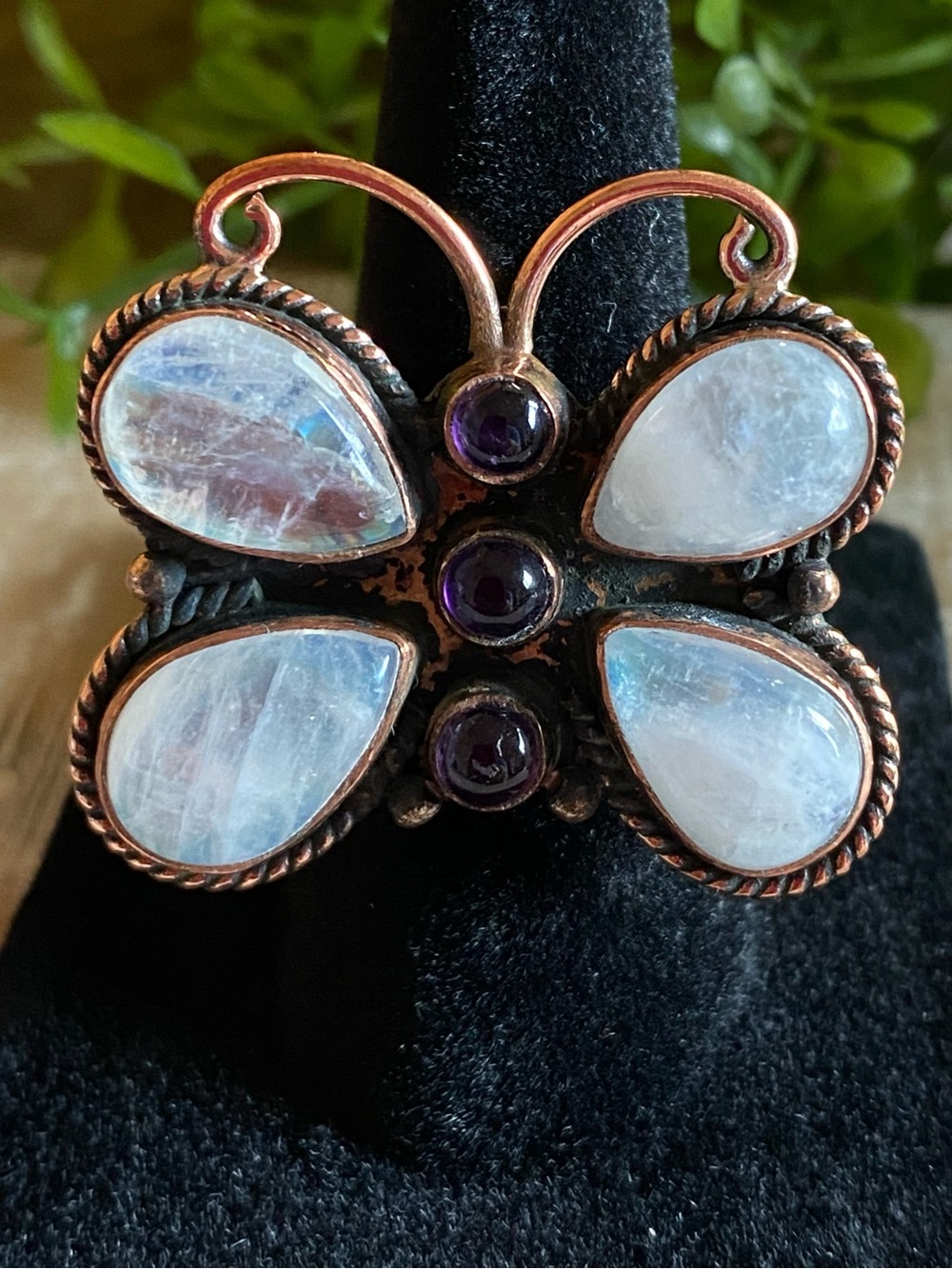 R52 Moonstone/Amethyst multi-stone copper butterfly ring | size: Adjustable - Picture 2 of 9